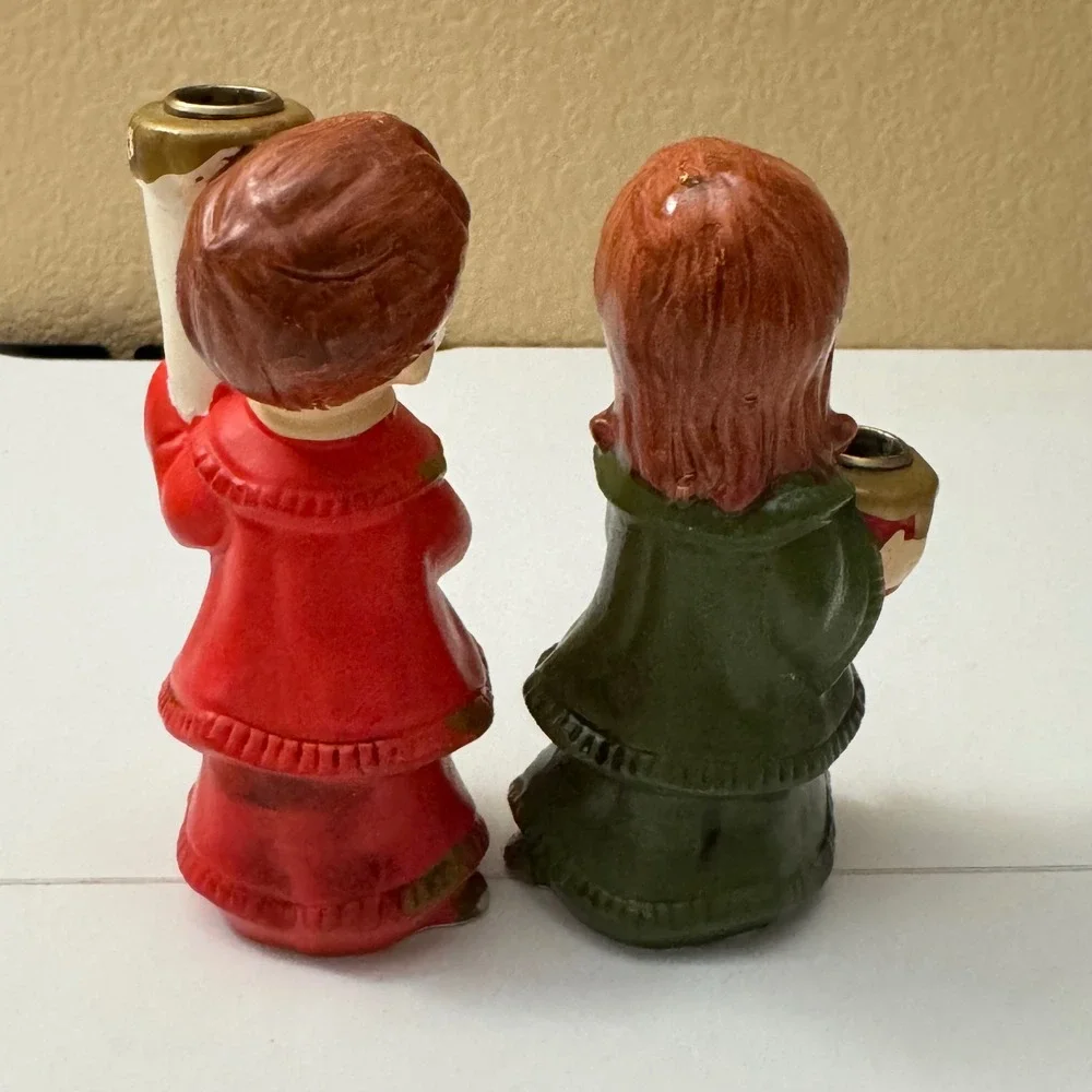 Vintage Star Japan Christmas Choir Boy Girl Candle Holders  Hand Painted 1950's